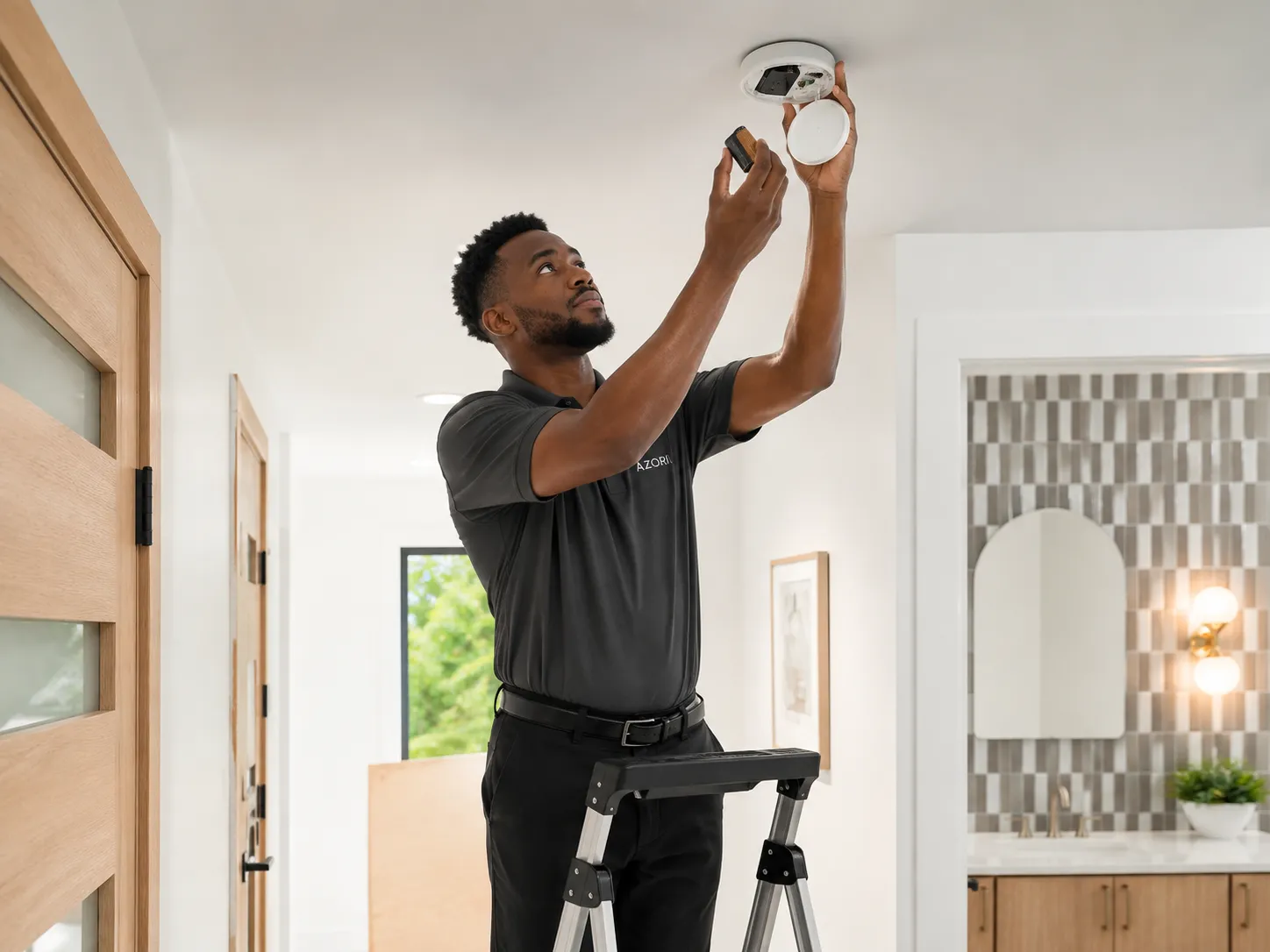 Concierge Changing Batteries In Smoke Detector